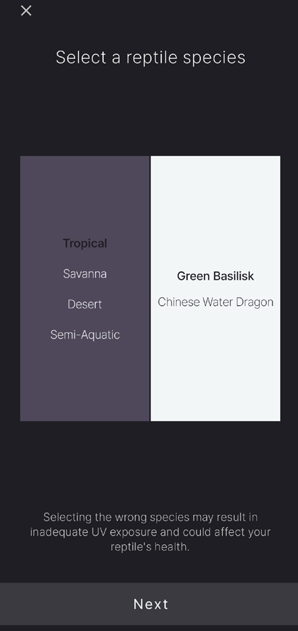 Original species selection screen including the warning about an incorrect species