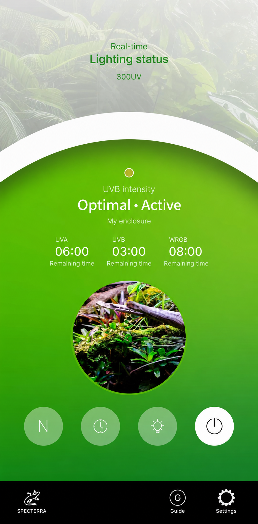 English visual adaptation of the SPECTERRA App main screen showing lighting channel status