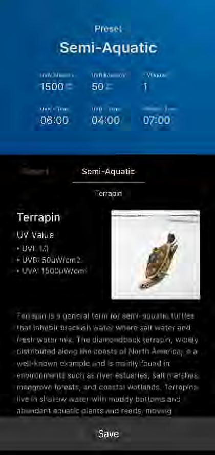 Original Semi-Aquatic preset screen with Terrapin example
