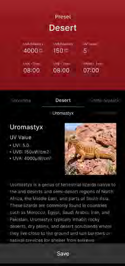 Original Desert preset screen with Uromastyx example
