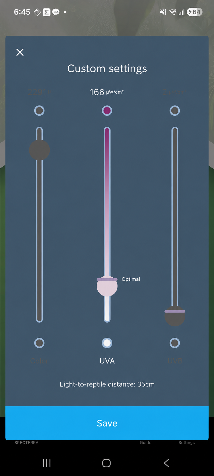 Interface preview of SPECTERRA App lighting settings with enclosure distance and channel adjustment controls