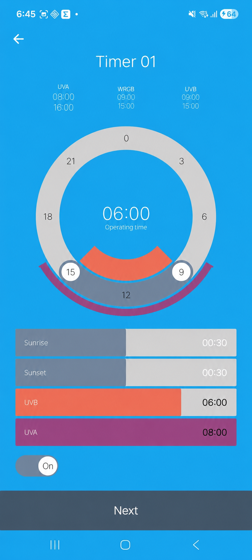 Interface preview of SPECTERRA App timer screen with channel schedules and sunrise and sunset controls