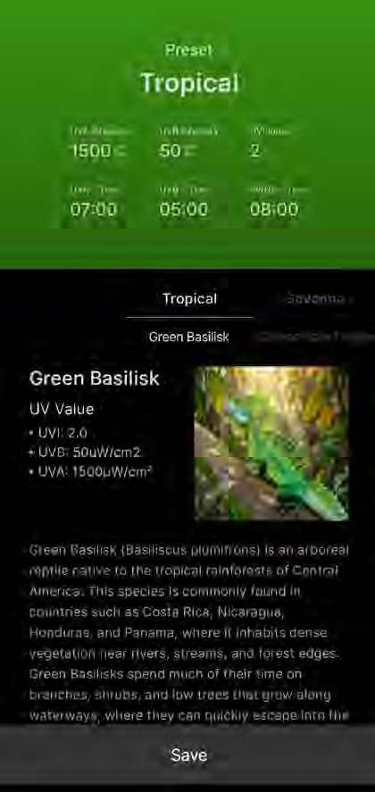Original Tropical preset screen with Green Basilisk example